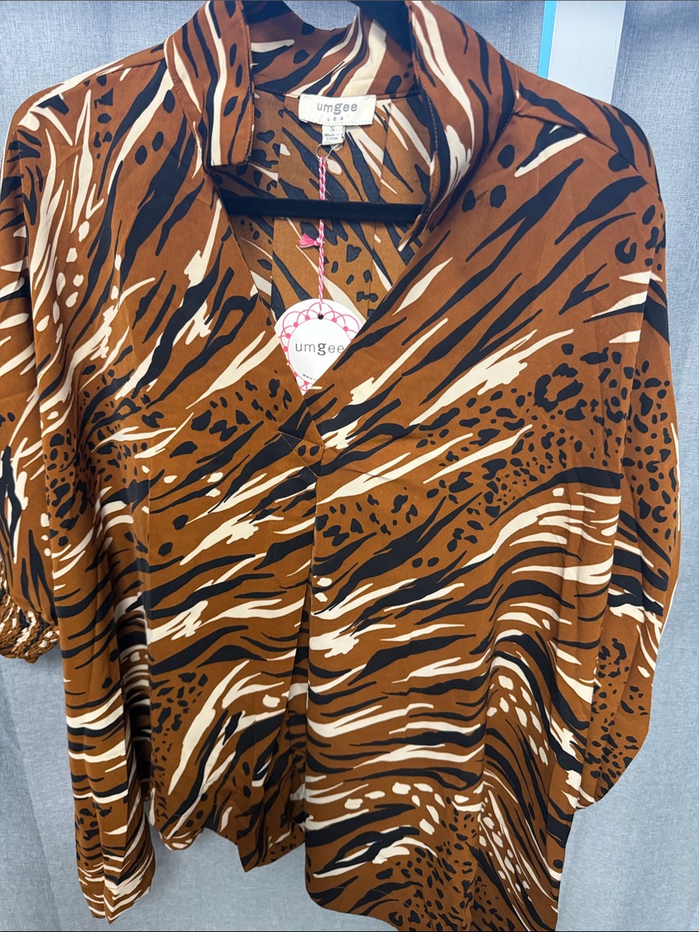 Umgee Brown and Black Animal-Print Button Blouse